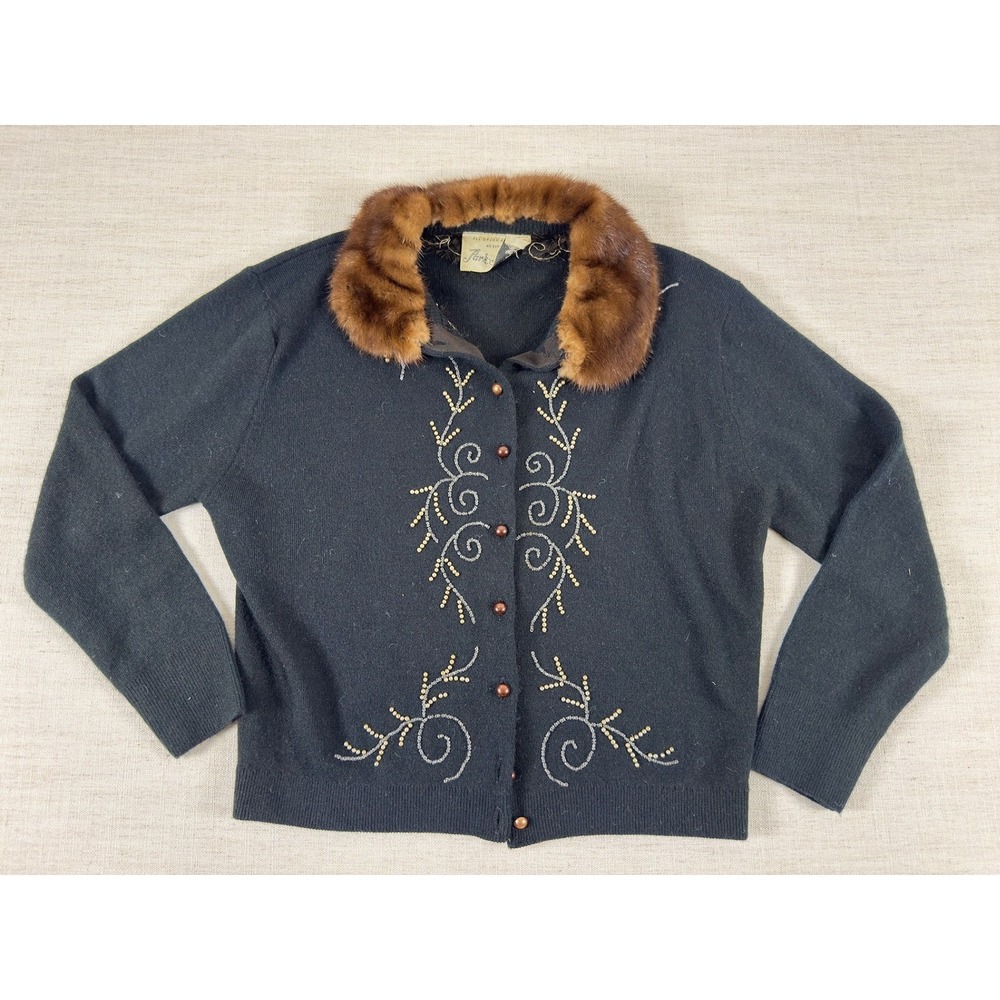 Vintage Park Story Black Beaded Cardigan Faux Fur Collar Sweater Retro MCM